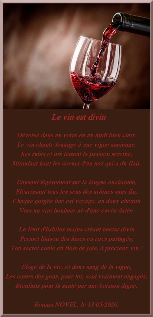 RomanNovel : "Le vin est divin"

Mise en page créée par Sybilla pour oasisdesartistes.org