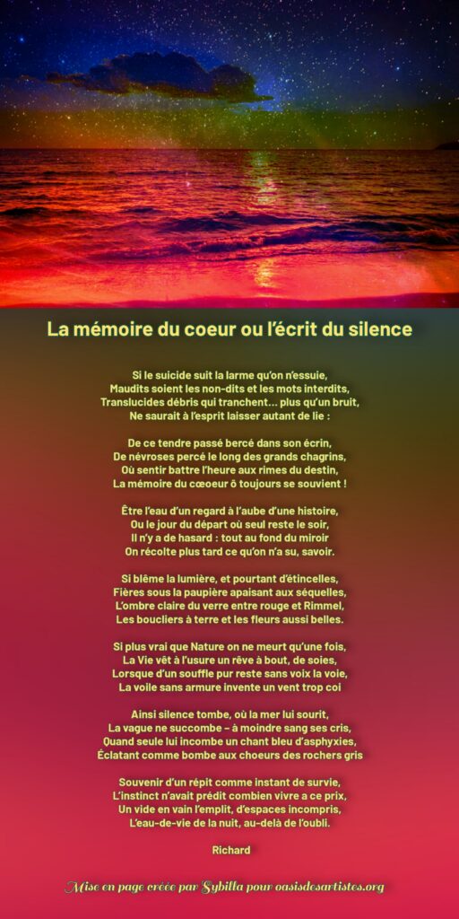 BrinDharmonie : "La mémoire du silence ou l'écrit du silence"

Mise en page créée par Sybilla pour oasisdesartistes.org