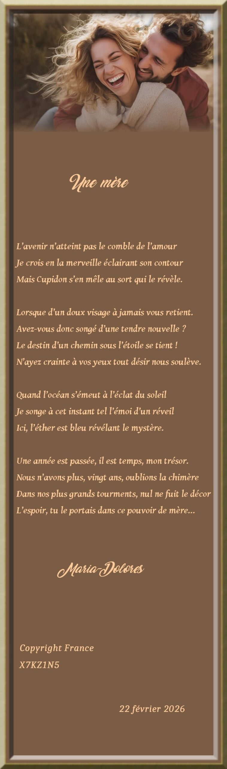 Dolores : "Une mère …Sonnet Alterné..Crée le 22 février 2026" Mise en page de Dolores pour oasisdesartistes.org