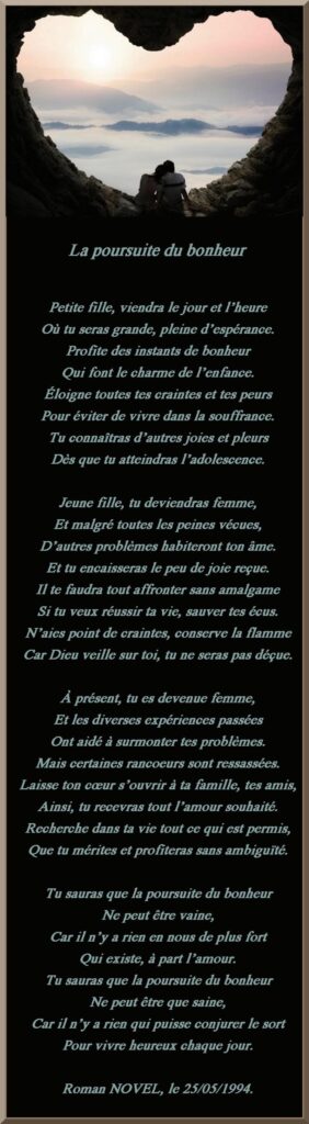 RomanNovel : "La poursuite du bonheur"

Mise en page de RomanNovel pour oasisdesartistes.org