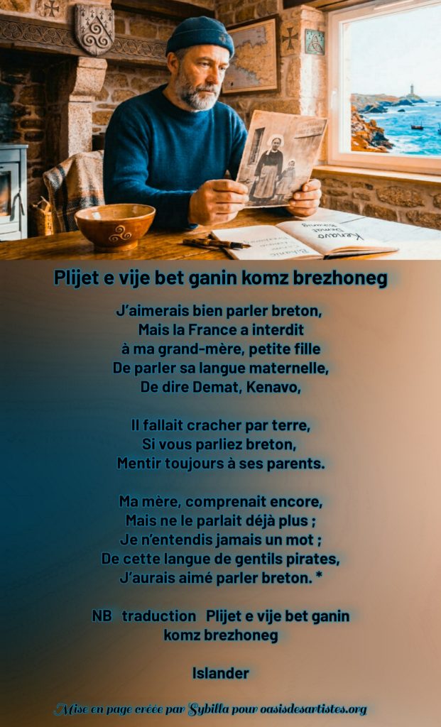 Islander : "Plijet e vije bet ganin komz brezhoneg"

Mise en page créée par Sybilla pour oasisdesartistes.org

