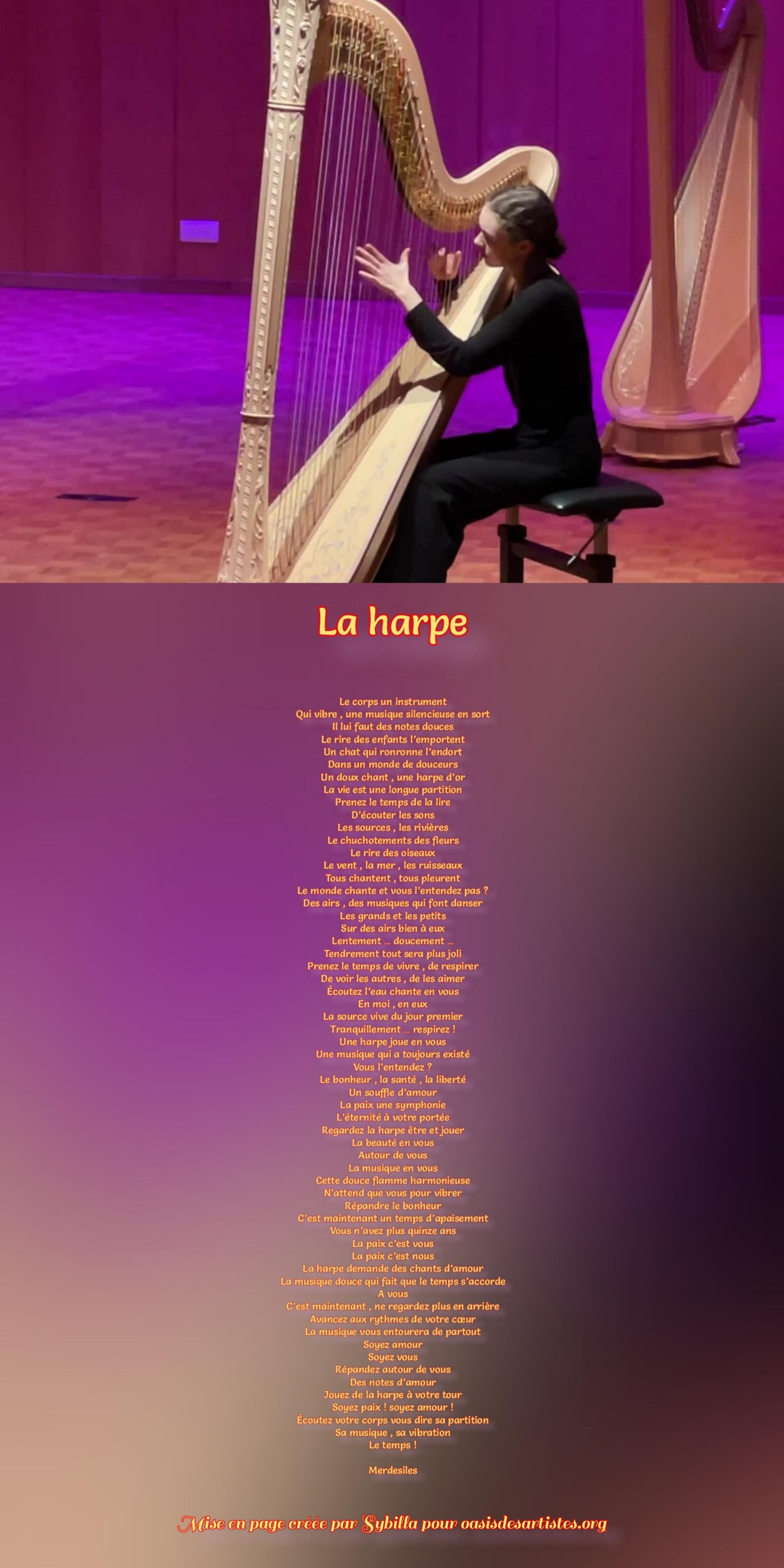 Merdesiles ; "La harpe" Mise en page créée par Sybilla pour oasisdesartistes.org
